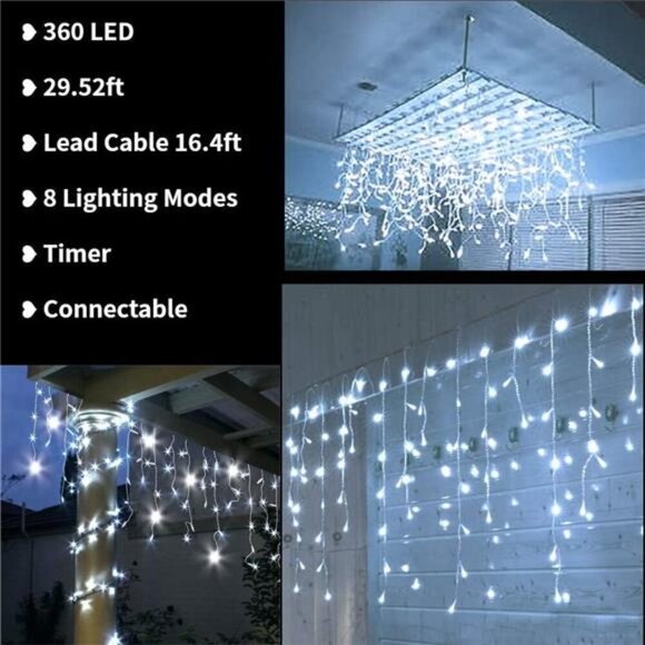 Christmas Icicle Lights Outdoor,360 LED 29.5ft 8Modes Fairy Icicle String Lights - Picture 2 of 14